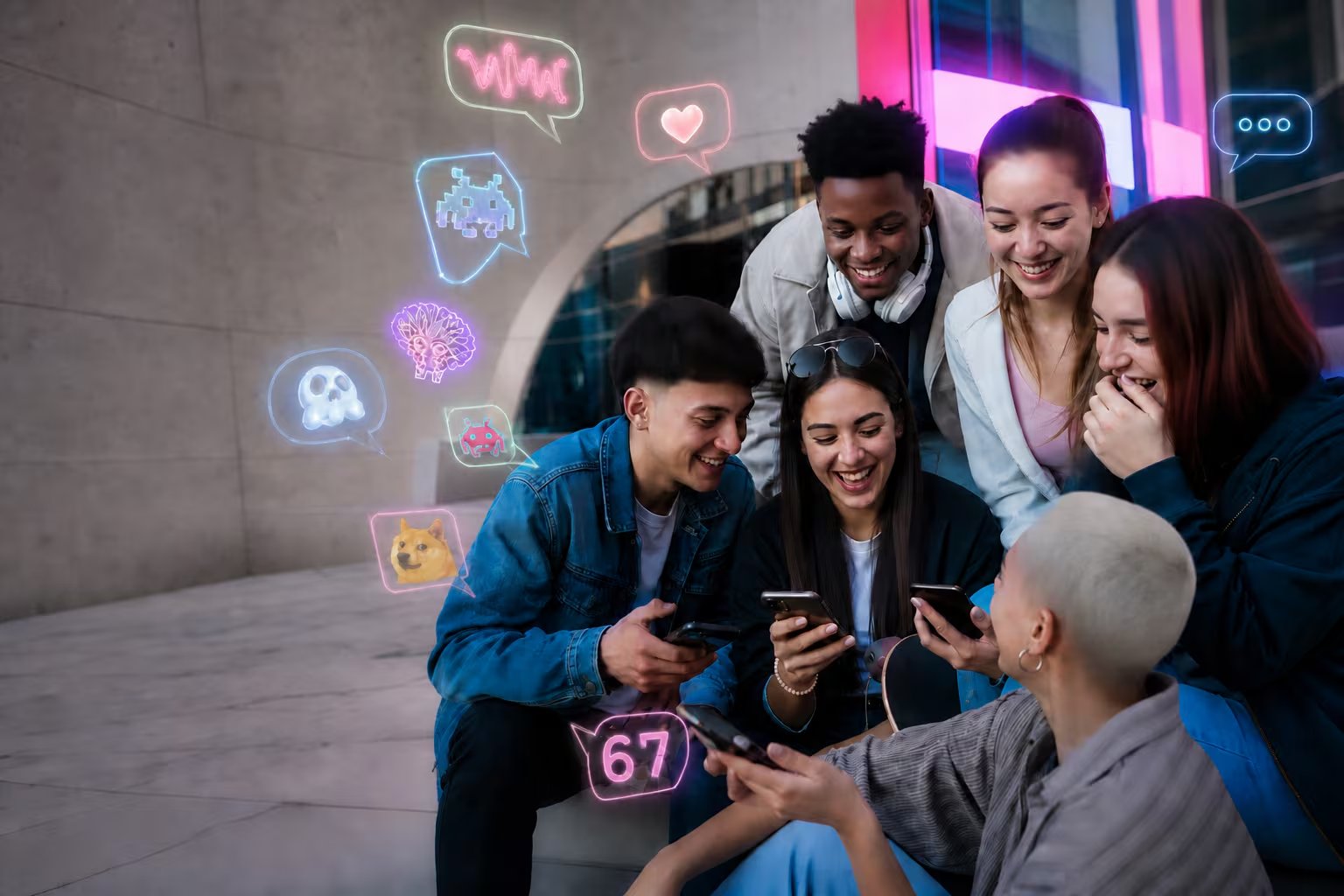 Un grupo de jóvenes interactúa en la vía pública mientras utiliza sus teléfonos. (Imagen Ilustrativa Infobae)
