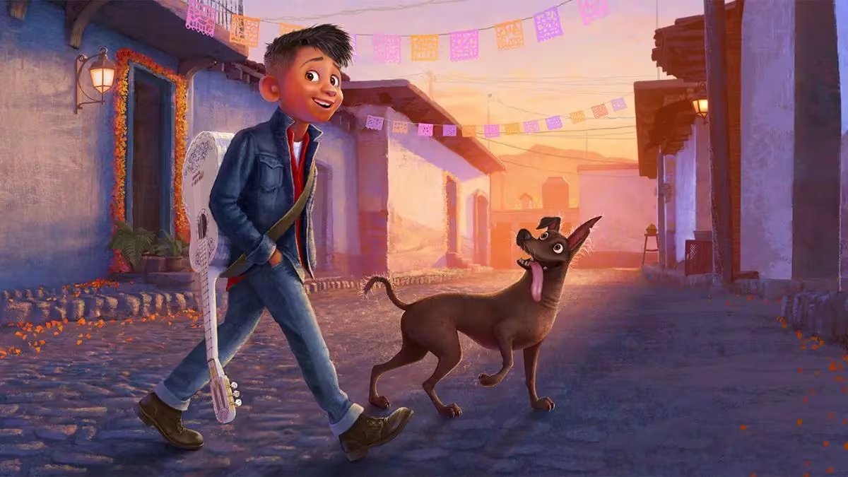 Miguel, personaje de la película Coco de Pixar, camina por una calle empedrada de un pueblo mexicano junto a su perro Dante. (D23 Disney Pixar/Redes sociales)