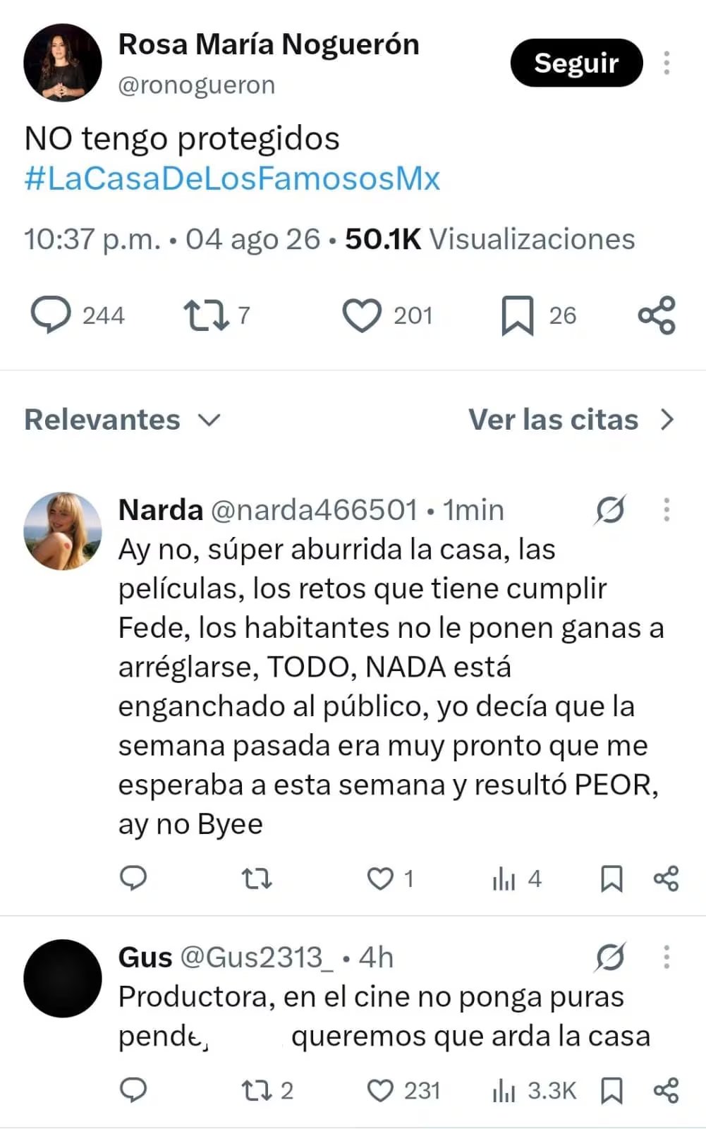 La productora Rosa María Noguerón publica un mensaje sobre el programa La Casa de los Famosos México; usuarios reaccionan negativamente en redes sociales. (X: @ronogueron)