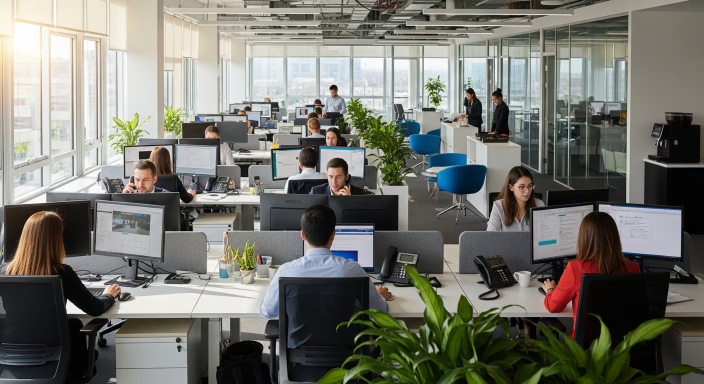 Una oficina corporativa muestra a numerosos empleados concentrados en sus tareas diarias. (Imagen Ilustrativa Infobae)