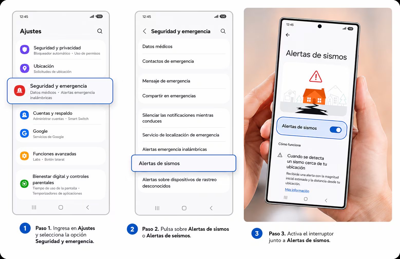 El proceso de activación se realiza desde el menú de configuración del dispositivo y solo requiere habilitar la opción correspondiente en las funciones de seguridad y emergencia. (Samsung)