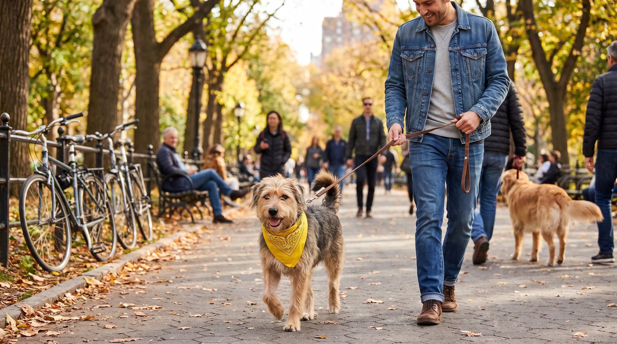 Un hombre sonriente pasea a un perro de pelaje áspero con un paliacate amarillo por un sendero con hojas secas en un parque, mientras otras personas caminan o descansan. (Imagen Ilustrativa Infobae)