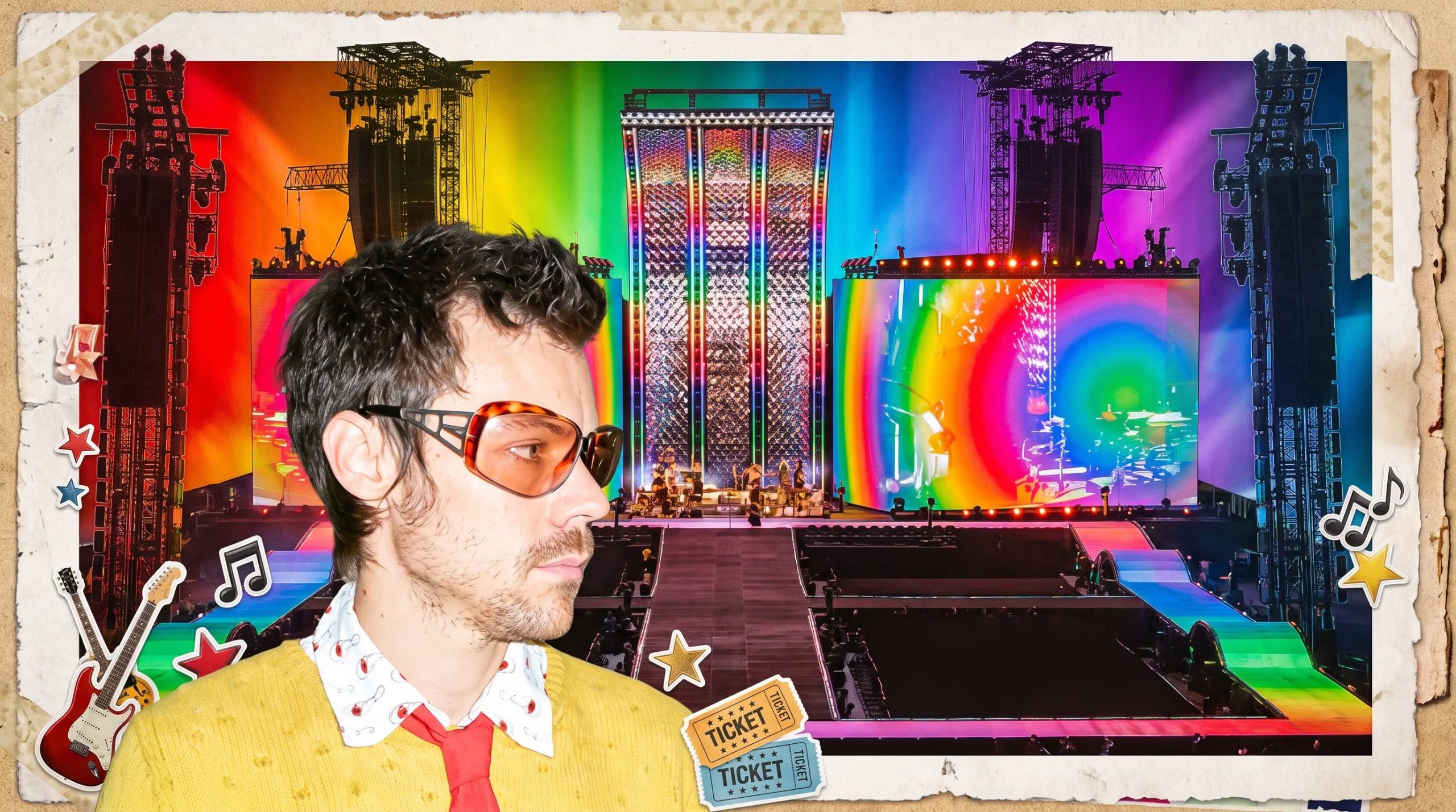 Un collage presenta a Harry Styles con un suéter amarillo y gafas, superpuesto sobre un escenario musical vibrante y luces de arcoíris. (Imagen Ilustrativa Infobae)