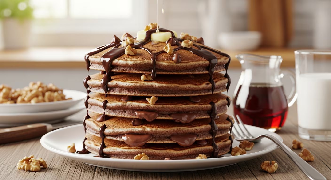 Los pancakes de chocolate incorporan cacao amargo y nueces picadas a una masa esponjosa, y se doran en sartén para una merienda con sabor más intenso (Imagen Ilustrativa Infobae)