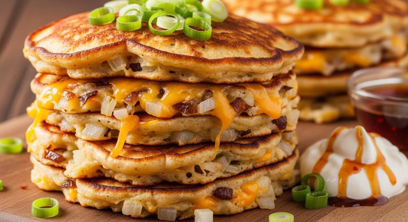 Los pancakes de cebolla y queso llevan cebolla previamente dorada y queso rallado en la mezcla, y se sirven calientes con hojas verdes o salsa de tomate (Imagen Ilustrativa Infobae)