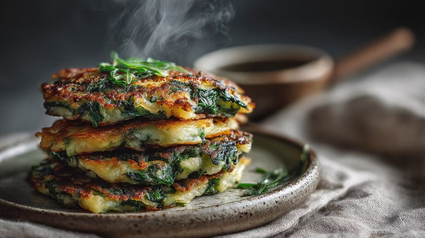 Los pancakes de espinaca y ricota integran espinaca cocida picada y ricota con un toque de polvo de hornear, y se acompañan con tomates cherry y semillas (Imagen Ilustrativa Infobae)