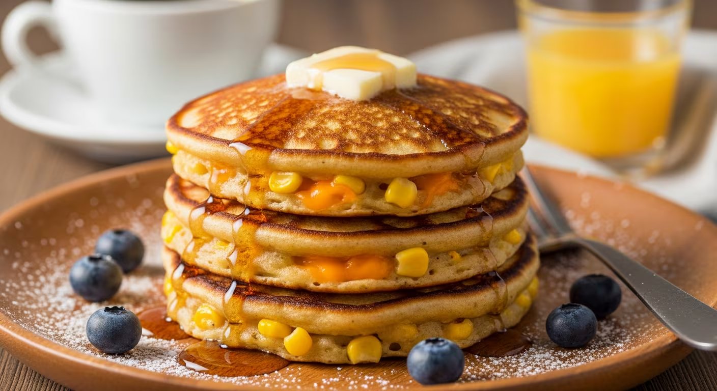Los pancakes de maíz y queso combinan granos de maíz enteros y procesados con queso fresco en cubos, y resultan ideales como guarnición o plato principal con ensalada (Imagen Ilustrativa Infobae)
