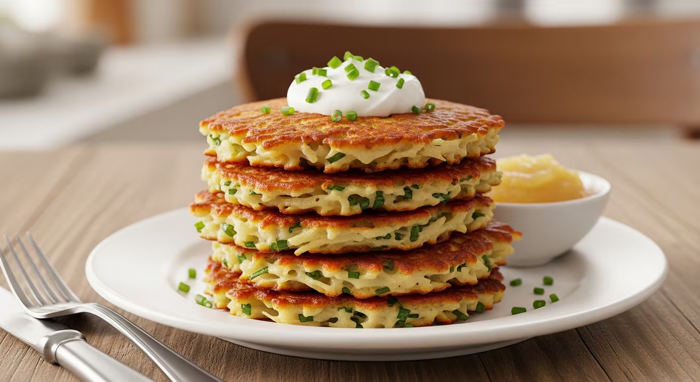Los pancakes de papa y ciboulette aprovechan papa cocida pisada con hierbas frescas, y se cocinan en discos dorados para servir solos o con crema ácida y hojas verdes (Imagen Ilustrativa Infobae)