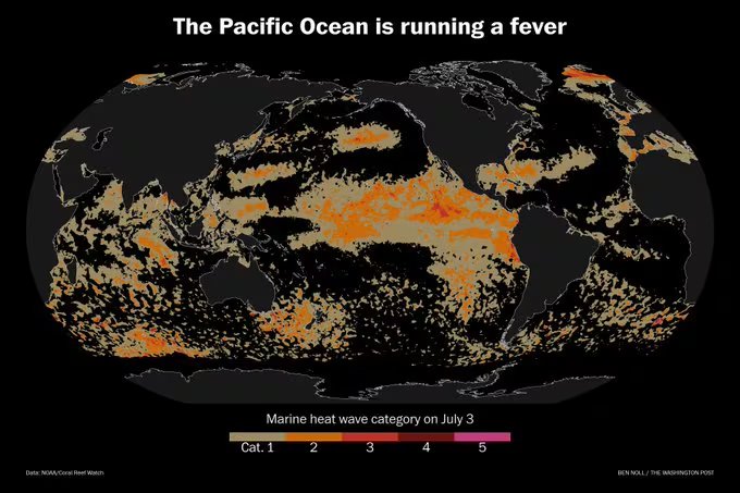 Un mapa mundial indica la extensión y categoría de las olas de calor marinas en los océanos el 3 de julio, según datos de NOAA. (X Ben Noll)