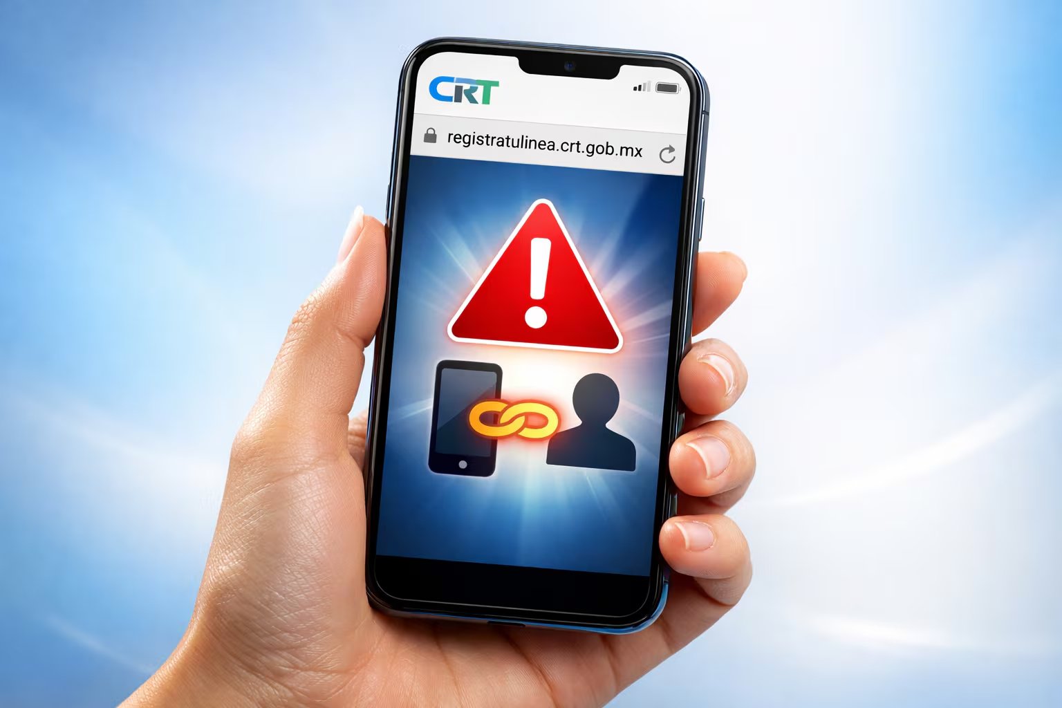 Una mano sostiene un teléfono inteligente que exhibe el portal registratulinea.crt.gob.mx con una alerta visual sobre la vinculación de líneas telefónicas. (Imagen Ilustrativa Infobae)