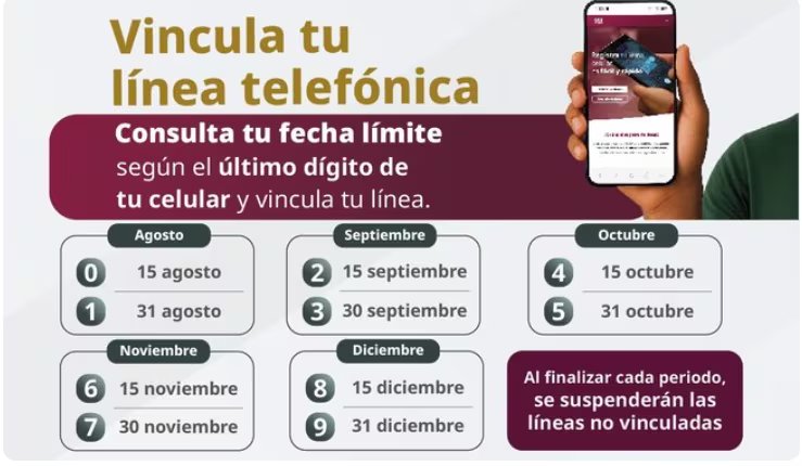Una infografía detalla las fechas límite para vincular las líneas telefónicas en México, según el último dígito del número celular, con la suspensión de líneas no registradas. (Comisión Reguladora de Telecomunicaciones)