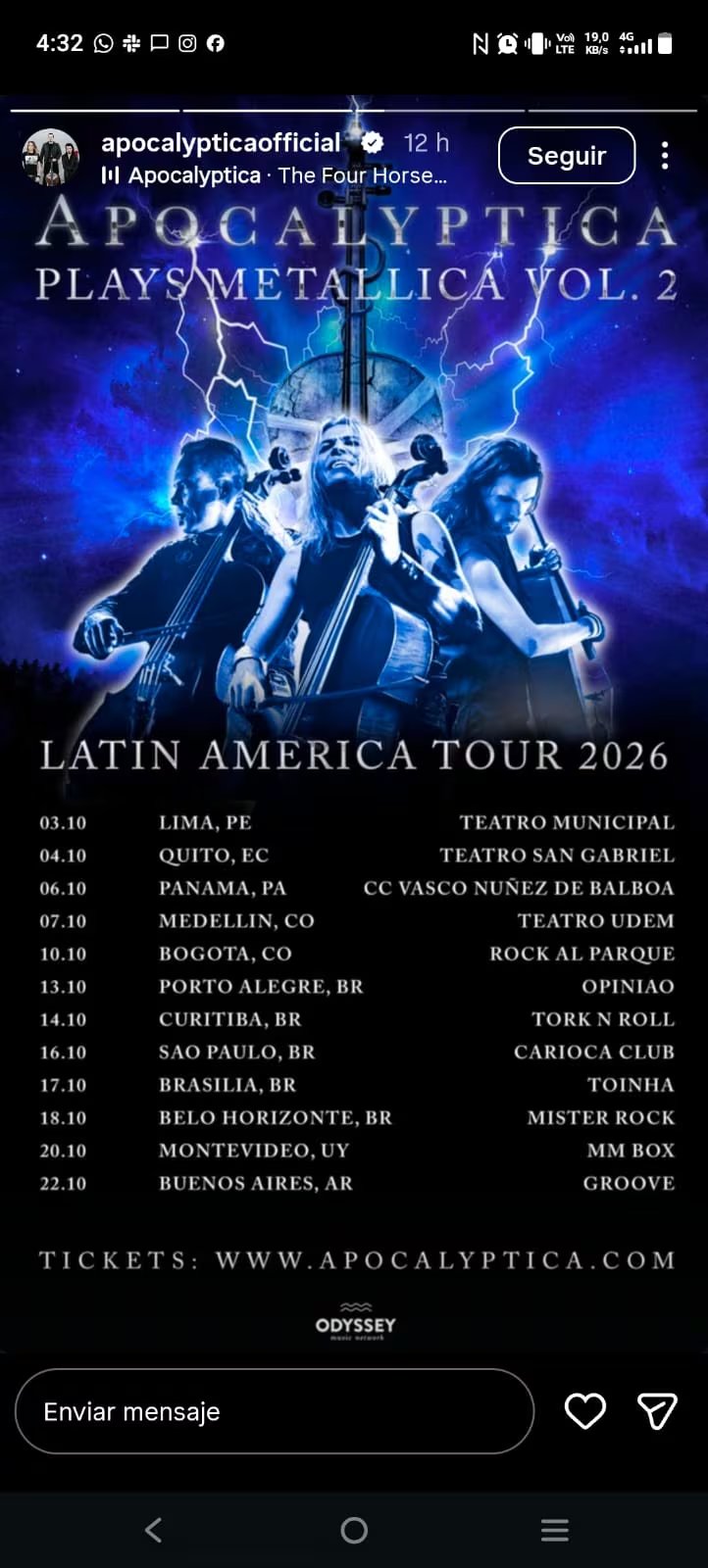 La filtración surgió tras una historia de Instagram con el itinerario mundial del grupo finlandés, donde se lee una presentación el 10 de octubre en el festival gratuito de Bogotá, aún sin aval de Idartes - crédito Apocalyptica/Instagram