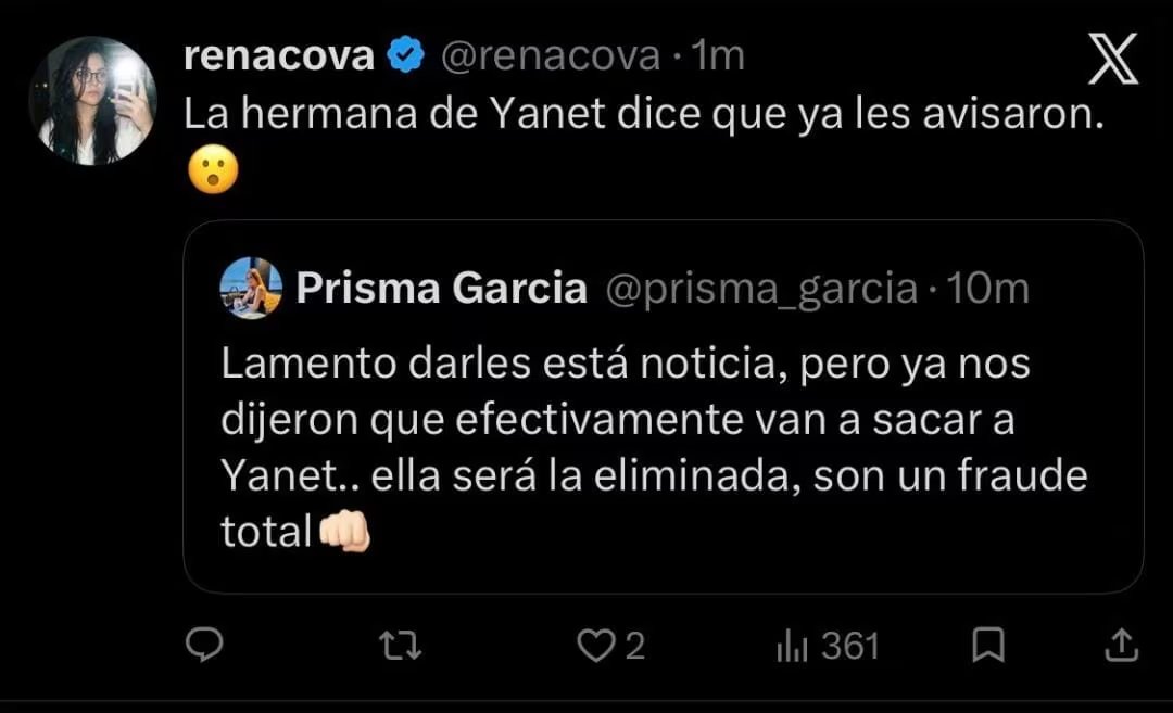 Una publicación en la red social X cita un mensaje atribuido a Prisma García referente a la eliminación de Yanet García. (X)