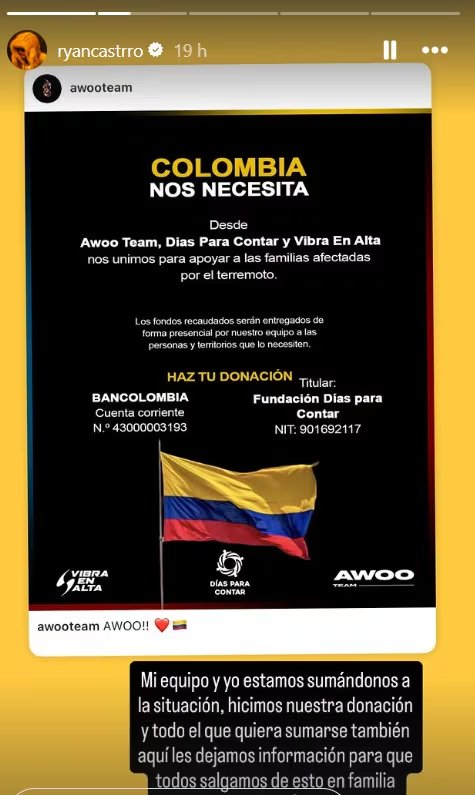 Ryan Castro se suma a los famosos que están recogiendo ayudas para los damnificados por terremoto en Colombia - crédito @ryancastro/IG