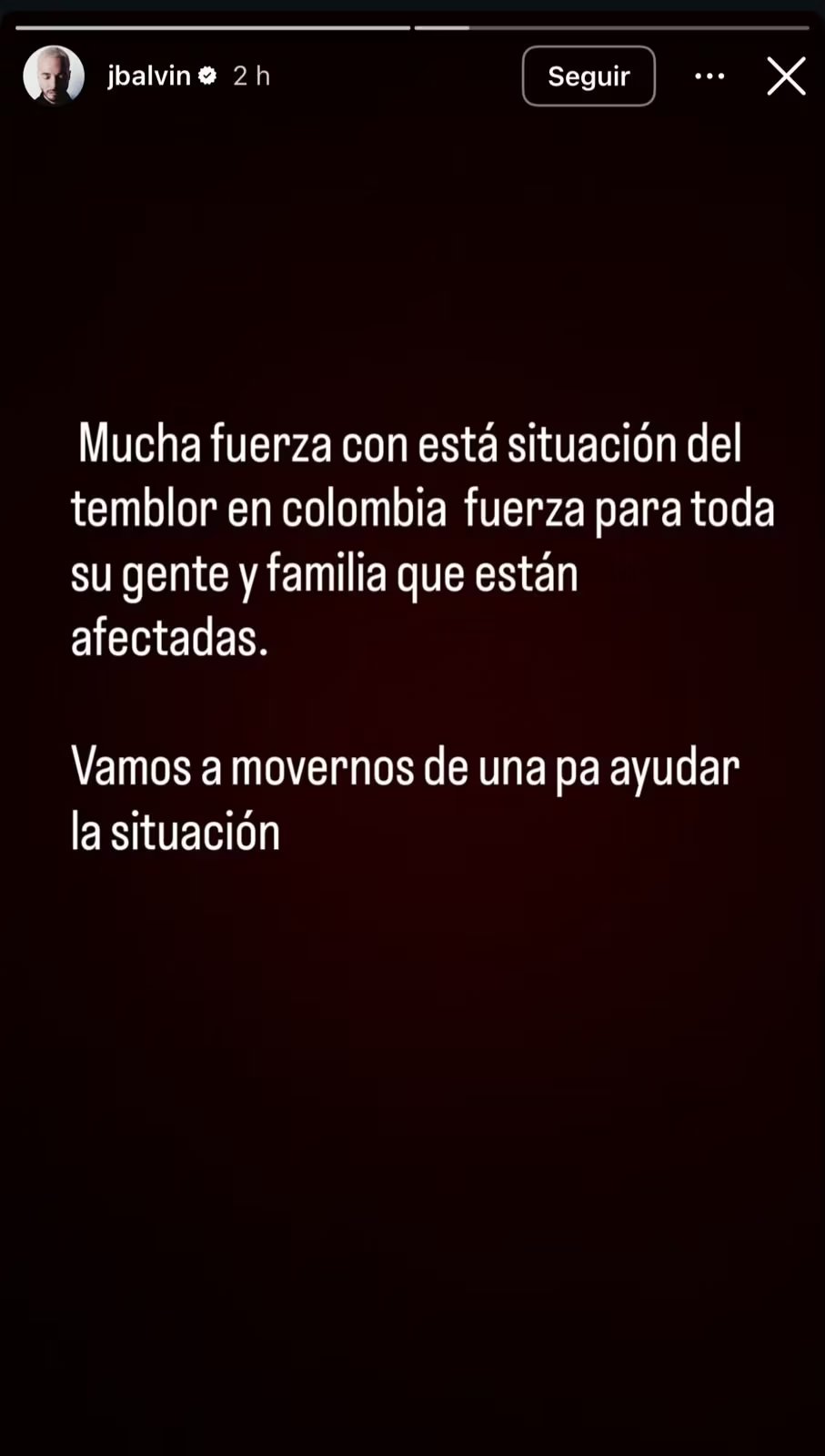 J Balvin envía mensaje de aliento a los afectados por el sismo en Colombia - crédito jbalvin/Instagram