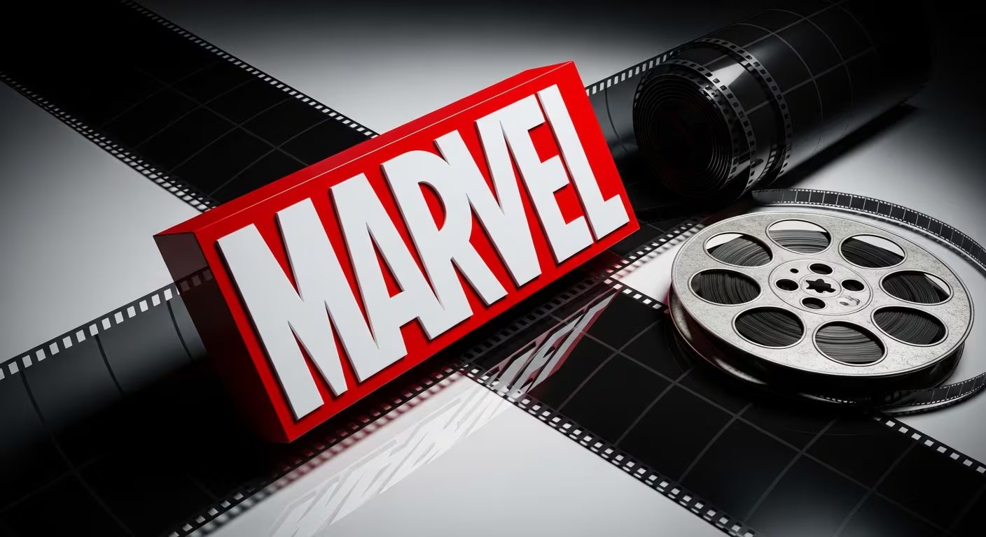 El logo tridimensional de Marvel se posa sobre una tira de película cinematográfica desenrollada, con un rollo de cine antiguo al costado en una mesa reflectante. (Imagen Ilustrativa Infobae)