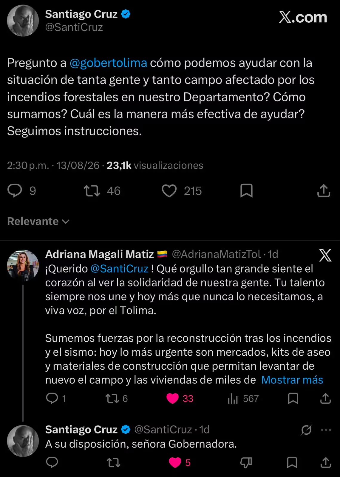 Santiago Cruz confirmó su participación con un mensaje contundente, comprometiéndose con la causa liderada por la gobernadora - crédito X