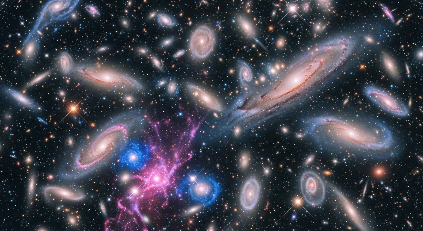Una imagen nítida revela un vasto campo de galaxias de diferentes formas y tamaños, junto a brillantes estrellas y nubes de gas cósmico, ofreciendo una perspectiva asombrosa de la inmensidad del universo. (Imagen Ilustrativa Infobae)