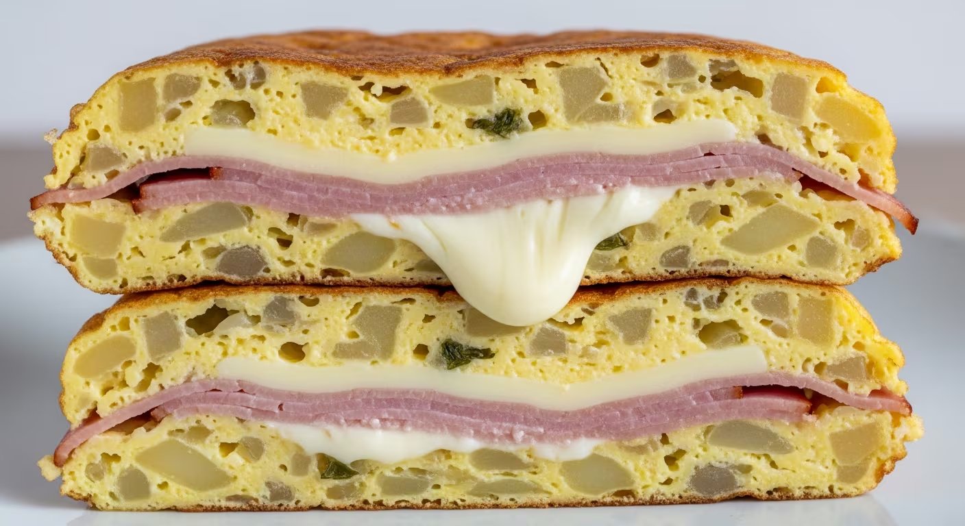 La tortilla de papa rellena tipo sándwich se corta al medio y se completa con jamón cocido y queso cremoso antes de volver a la sartén (Imagen Ilustrativa Infobae)