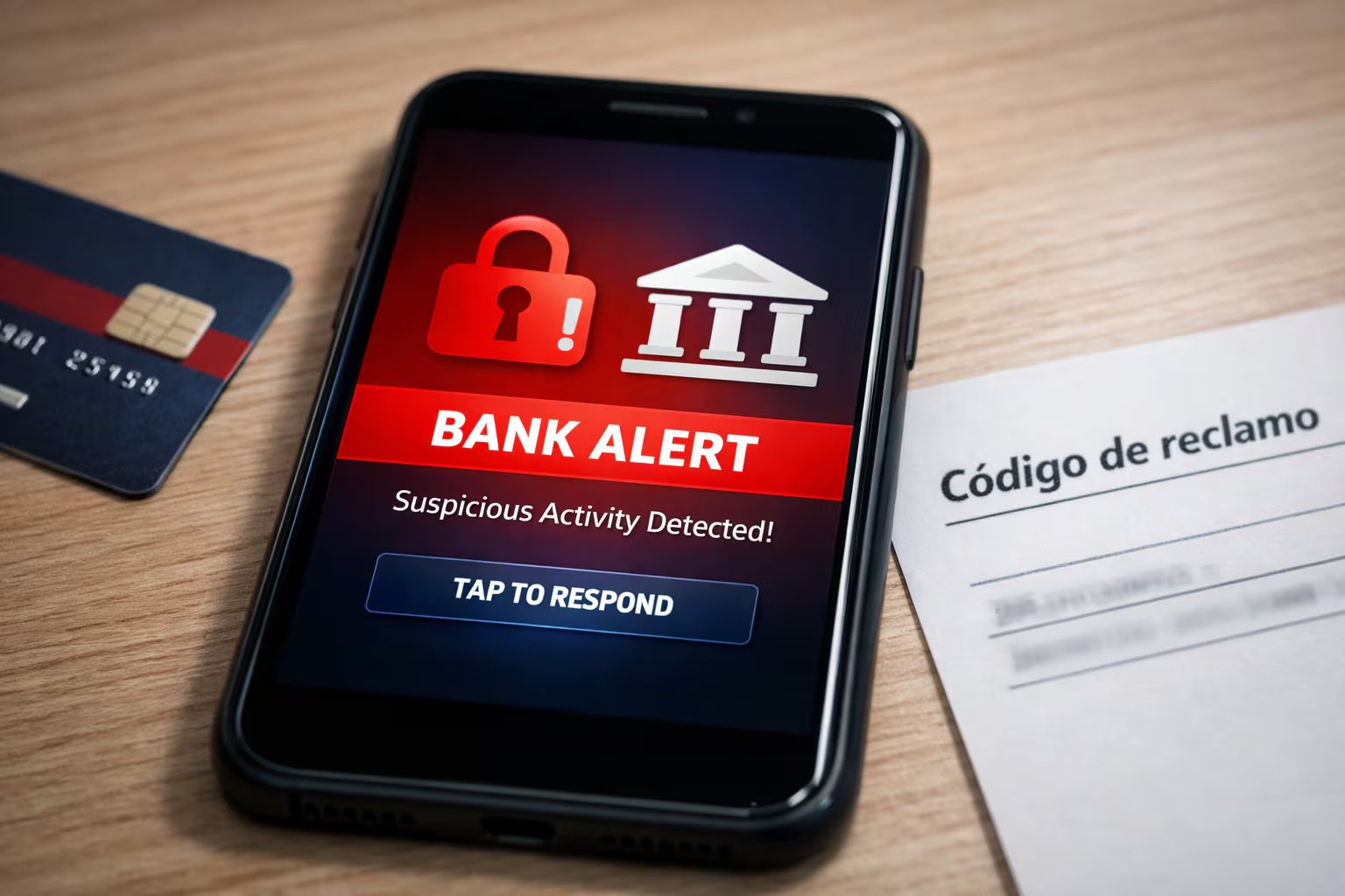 Un teléfono móvil con una alerta bancaria por actividad sospechosa, una tarjeta y un papel para un código de reclamo ilustran la prevención de fraude digital. (Imagen Ilustrativa Infobae)