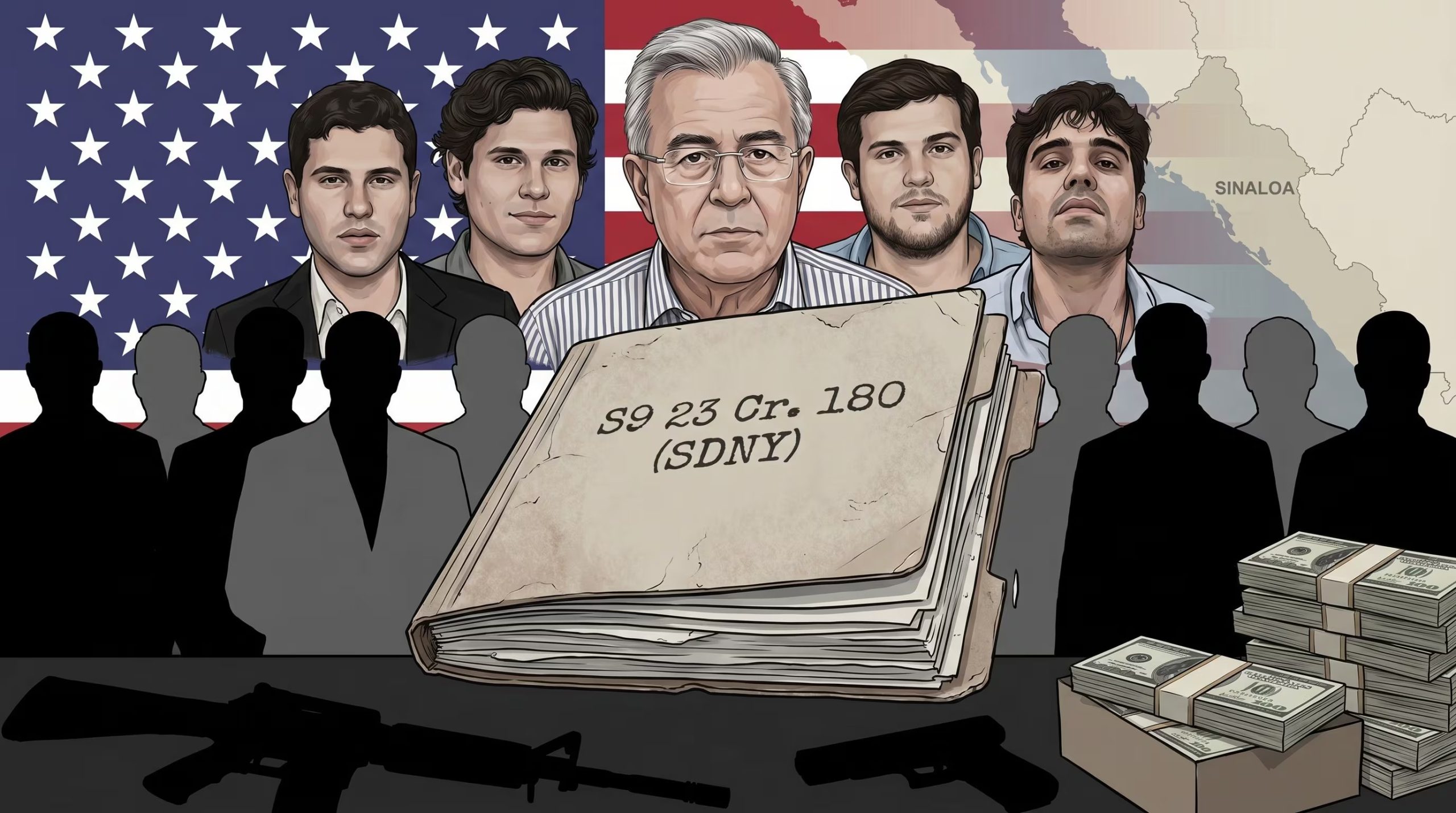 La ilustración conceptual representa un expediente judicial de EE.UU. contra Los Chapitos, implicando al gobernador Rubén Rocha Moya y una red de funcionarios, en un caso de crimen organizado con alcance internacional. (Imagen Ilustrativa Infobae)