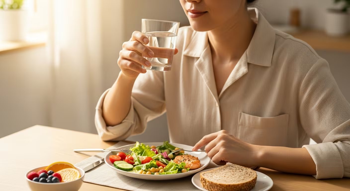 Una persona se hidrata con agua mientras disfruta de una comida equilibrada. (Imagen Ilustrativa Infobae)