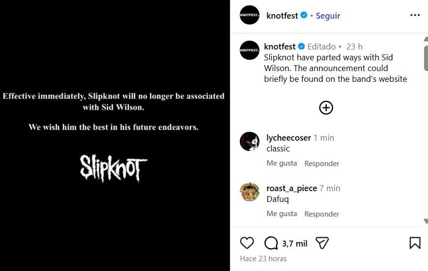 El anuncio oficial permanece en la página de Instagram de Knotfest, pero fue eliminado del sitio web de la banda. (Captura)