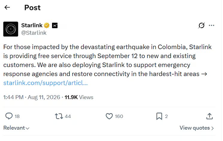 Una publicación de Starlink en redes sociales anuncia el ofrecimiento de su servicio gratuito para clientes nuevos y existentes en Colombia, luego de un terremoto, con vigencia hasta el 12 de septiembre. (Starlink)