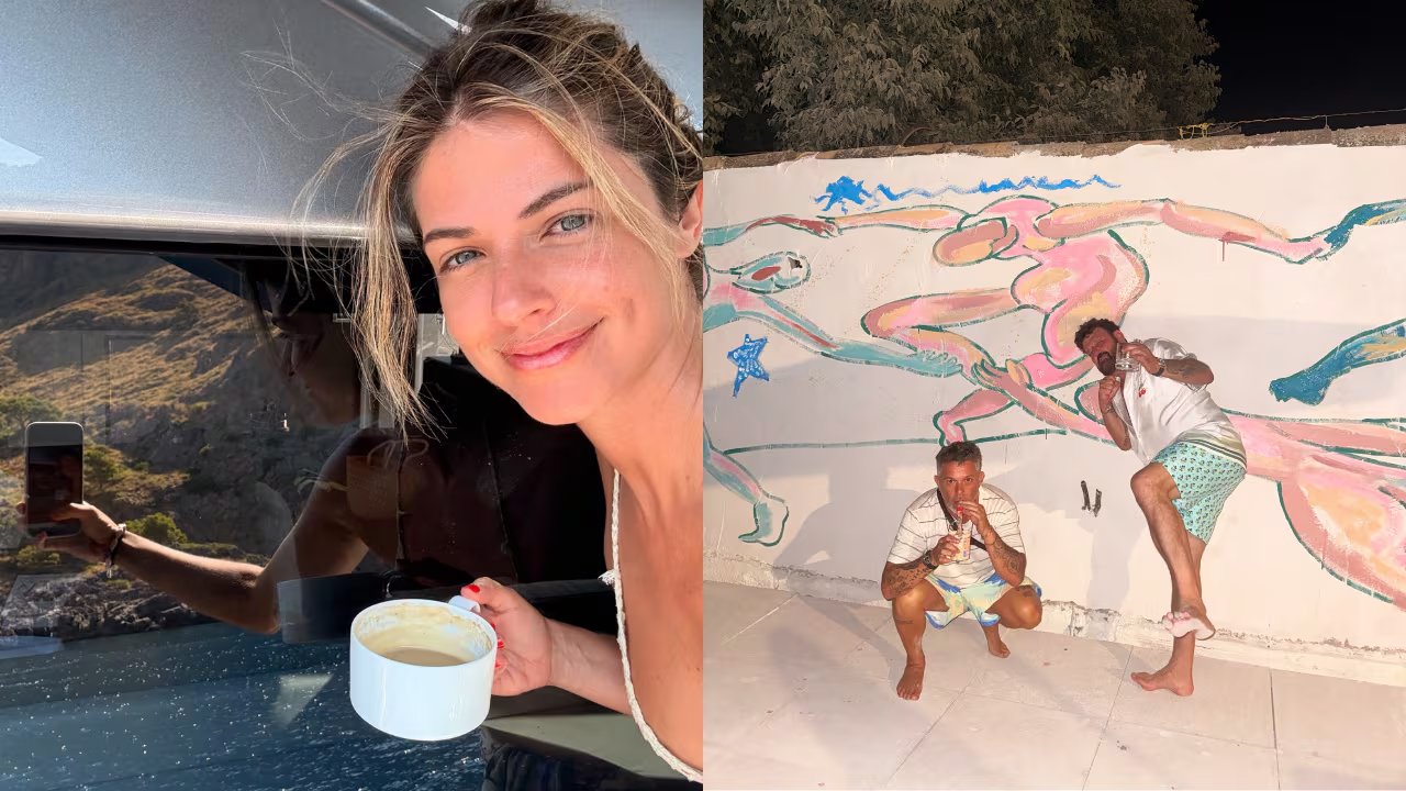 Stephanie Cayo se fotografía en un yate frente a la costa de Mallorca mientras Alejandro Sanz y un acompañante posan junto a un mural artístico durante sus vacaciones en la isla. (Instagram Stephanie Cayo)
