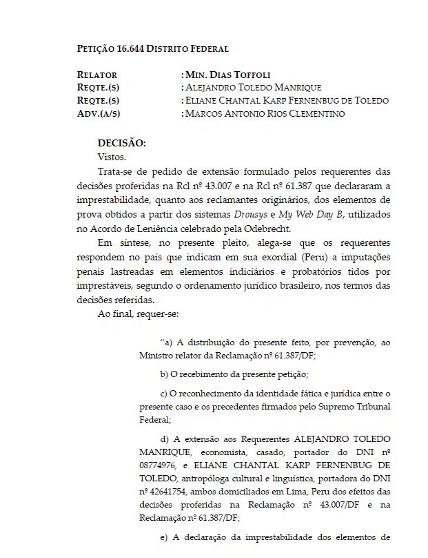 Una resolución del Supremo Tribunal Federal de Brasil anula las pruebas de los sistemas de Odebrecht en el proceso contra el expresidente peruano Alejandro Toledo.