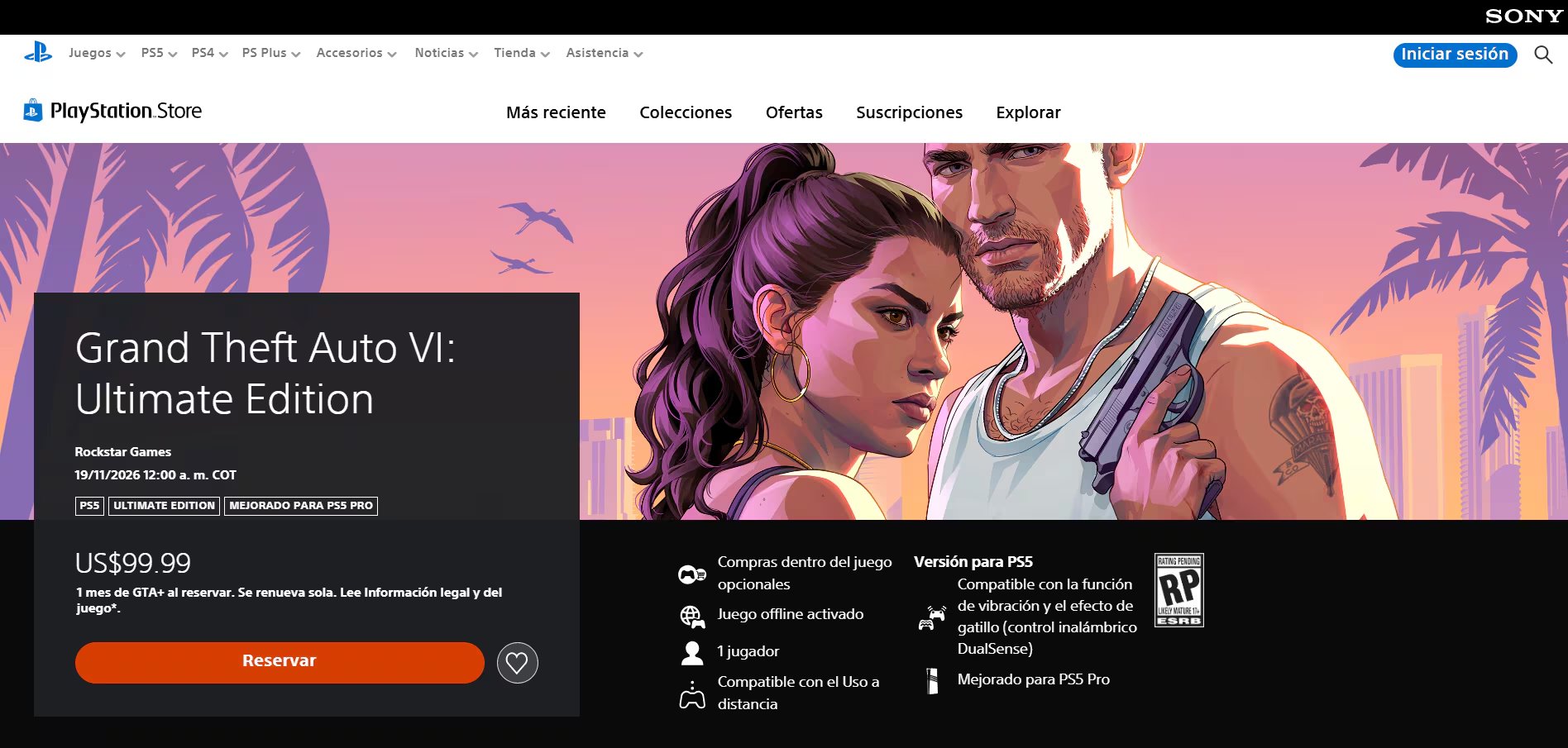 La página de PlayStation Store presenta la edición Ultimate de Grand Theft Auto VI, con su precio de US$99.99 y opciones de reserva. (PlayStation)