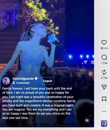 El hermano de Ariana Grande destacó la emoción que le produjo verla sobre el escenario durante una de sus últimas presentaciones.