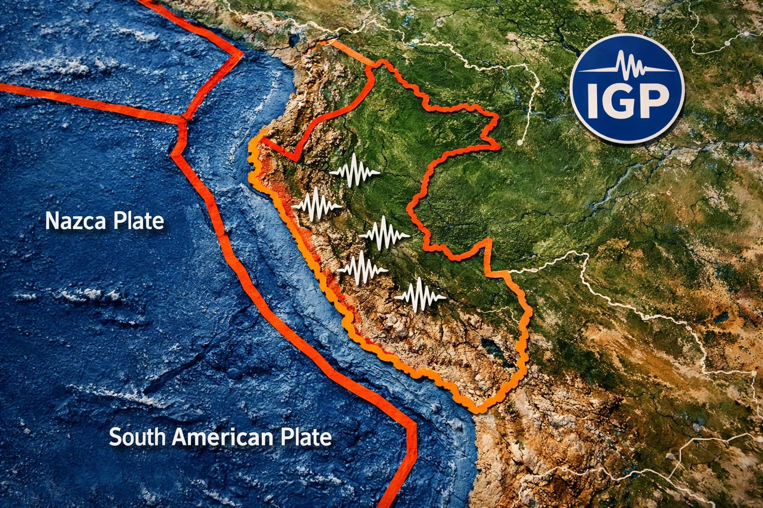Un mapa físico de América del Sur, centrado en Perú, muestra las placas tectónicas de Nazca y Sudamericana, delimitadas con íconos sísmicos marcando zonas de riesgo y el logo del IGP. (Imagen Ilustrativa Infobae)