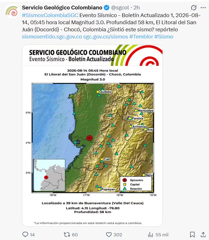 Informe de sismo en Chocó - crédito SGC/X