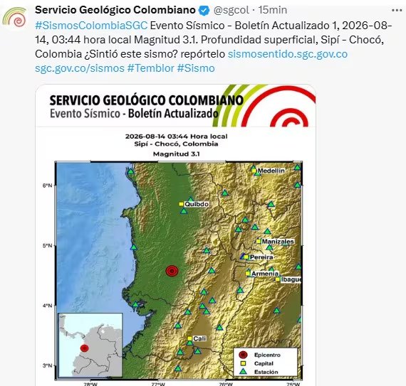 Nuevo sismo en Colombia (Servicio Geológico Colombiano )