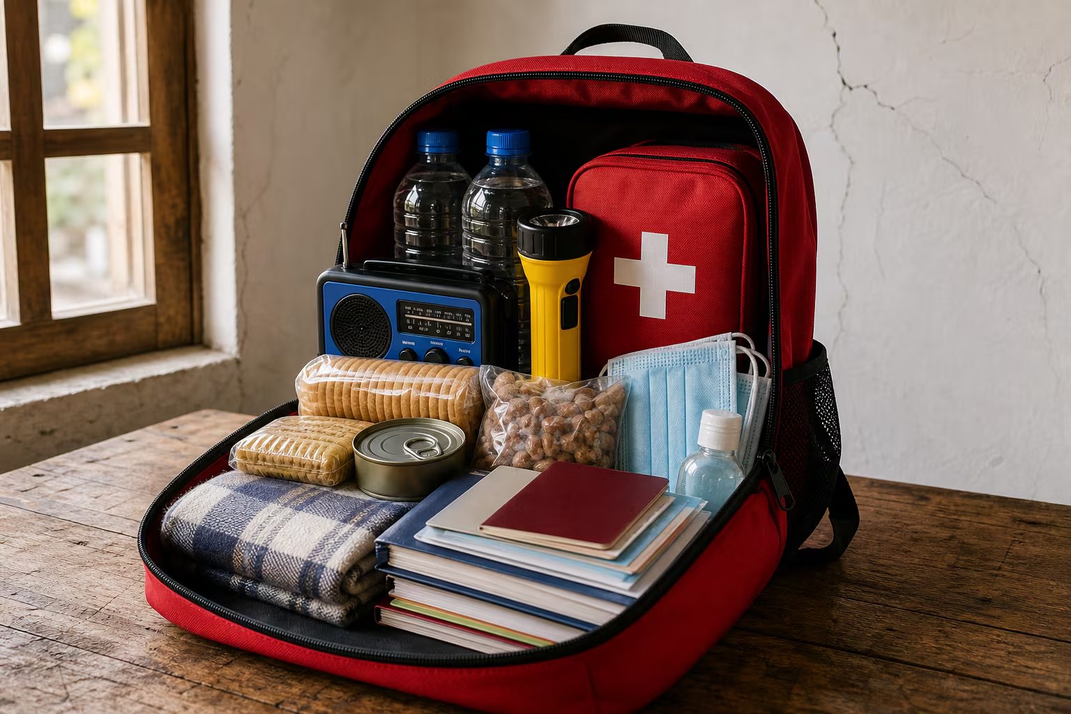 Una mochila de emergencia abierta sobre una mesa reúne los elementos esenciales de sobrevivencia recomendados para afrontar sismos o desastres en Perú. (Imagen Ilustrativa Infobae)