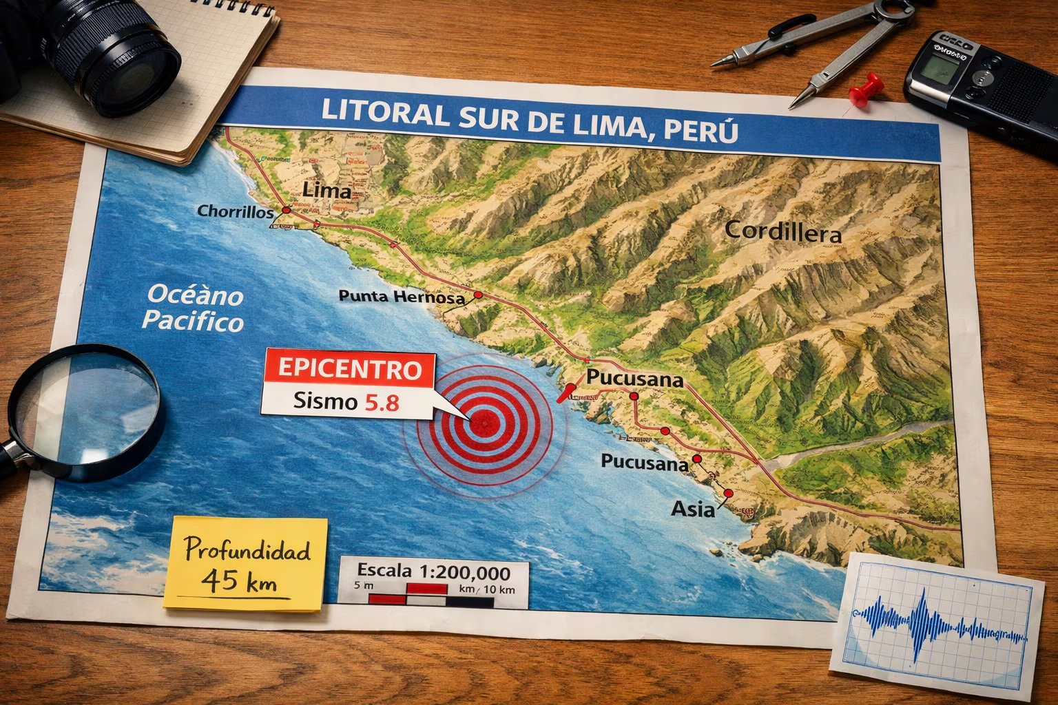Un mapa conceptual ilustra el epicentro de un sismo de 5.8 y su profundidad de 45 kilómetros en el litoral sur de Lima, Perú. (Imagen Ilustrativa Infobae)