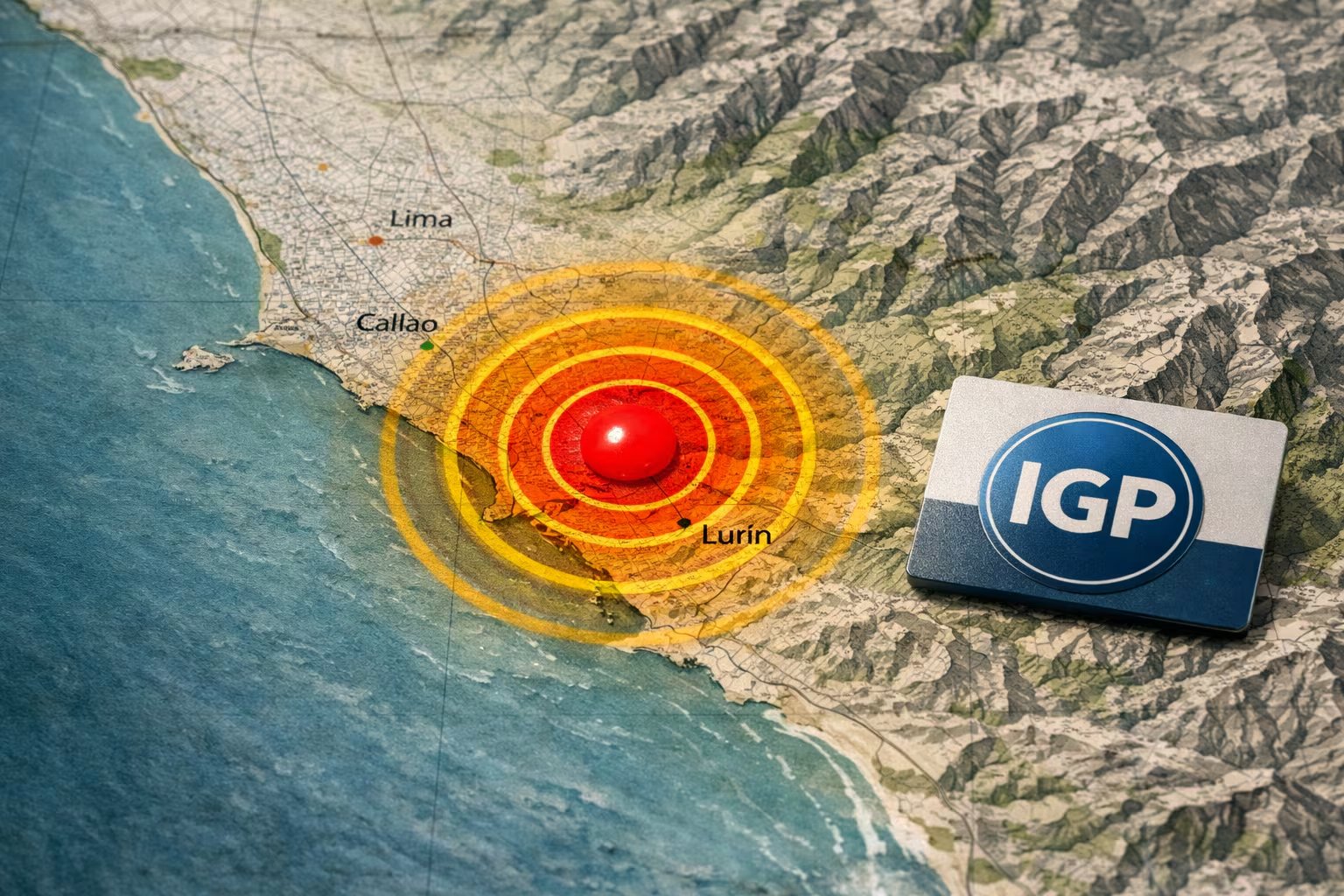 Un mapa físico de la región de Lima, Perú, muestra el epicentro de un sismo cerca de Lurín con líneas que indican la propagación de las ondas sísmicas, junto al logo del Instituto Geofísico del Perú (IGP). (Imagen Ilustrativa Infobae)
