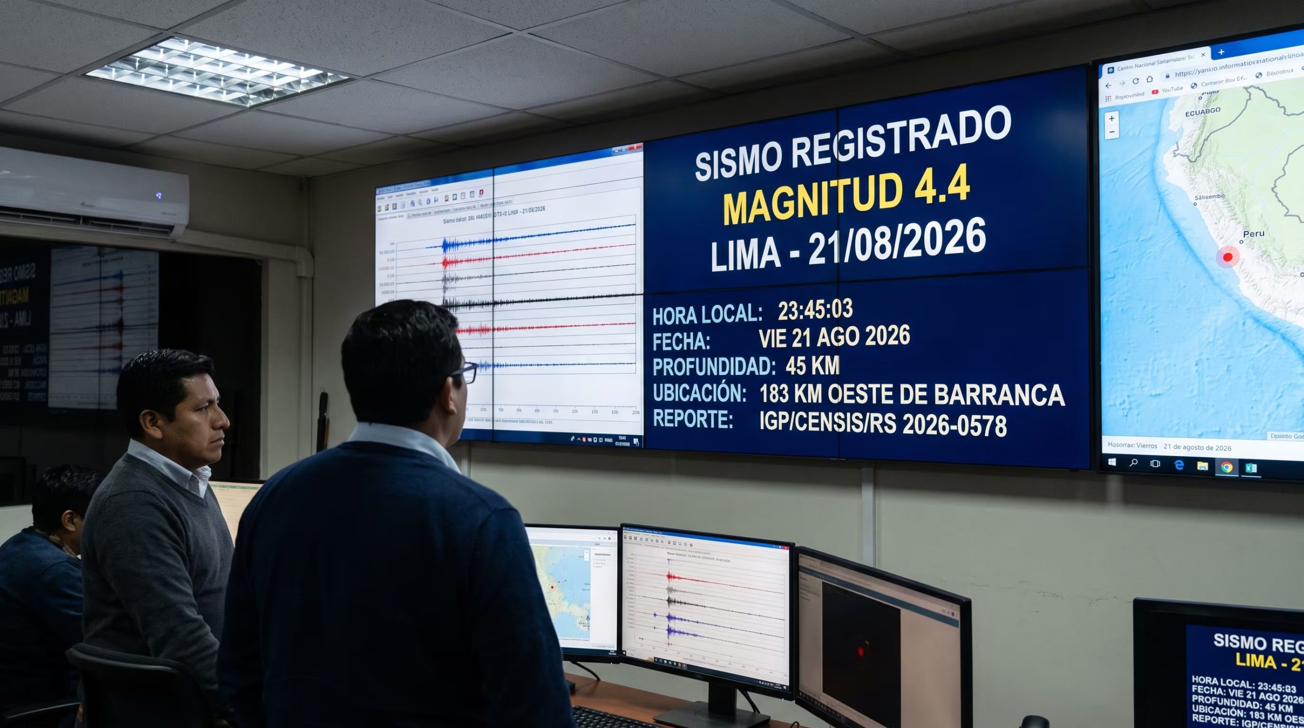 Técnicos del Centro Nacional de Información Sísmica monitorean un sismo de magnitud 4,4 registrado frente a las costas de Lima. (Imagen Ilustrativa Infobae)