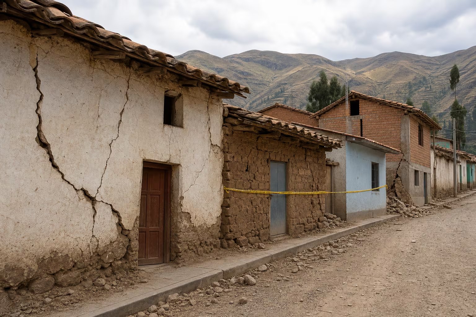 Varias viviendas de adobe y ladrillo presentan grietas en sus fachadas a lo largo de una calle de Puquio tras el paso de un sismo. (Imagen Ilustrativa Infobae)