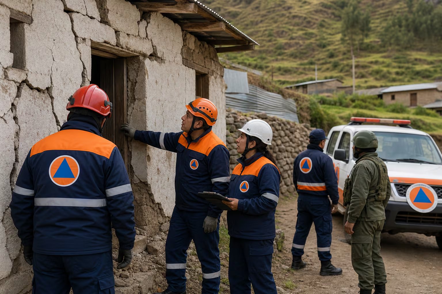 Integrantes del Instituto Nacional de Defensa Civil evalúan los daños en la estructura de una vivienda rural en la región andina de Perú. (Imagen Ilustrativa Infobae)