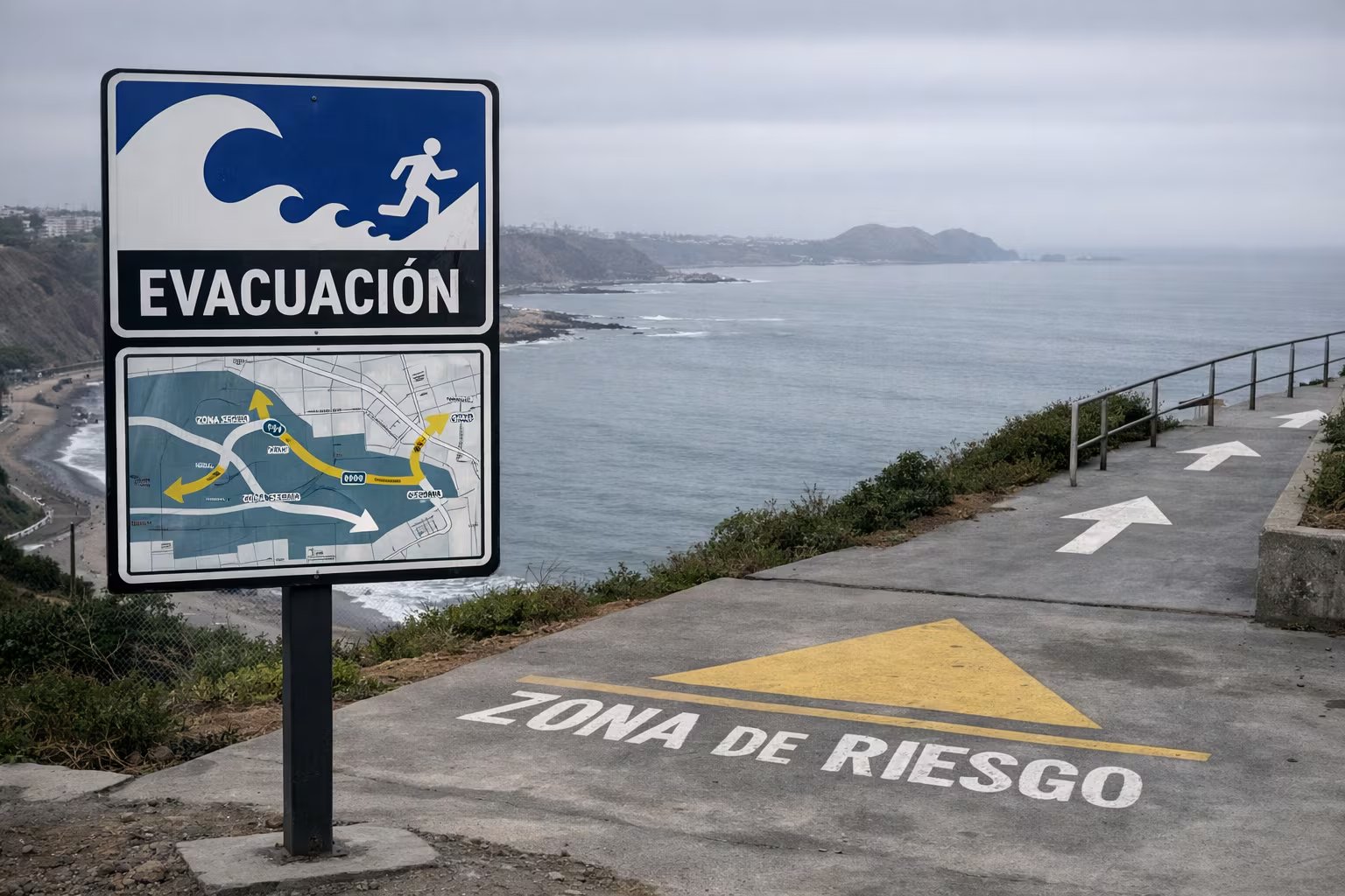 Una señal de evacuación por tsunami con mapa de rutas y una marca de 