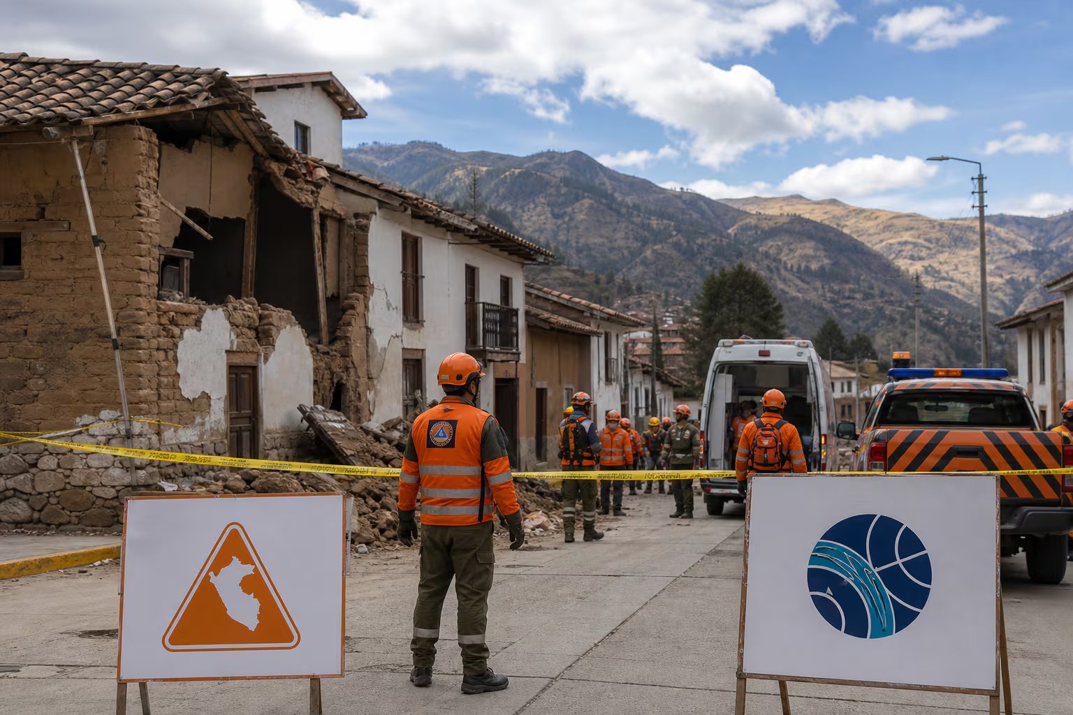 Personal de rescate e instituciones de respuesta atienden la emergencia tras un sismo en una calle de Ayacucho frente a viviendas de adobe dañadas. (Imagen Ilustrativa Infobae)