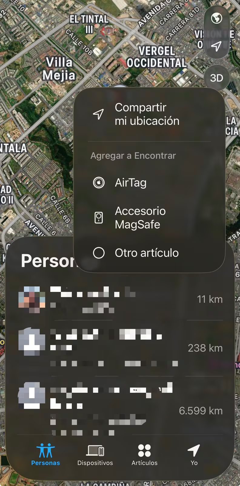 Una interfaz de aplicación móvil muestra las opciones para compartir la ubicación, agregar artículos de seguimiento y la distancia a contactos. (Apple)