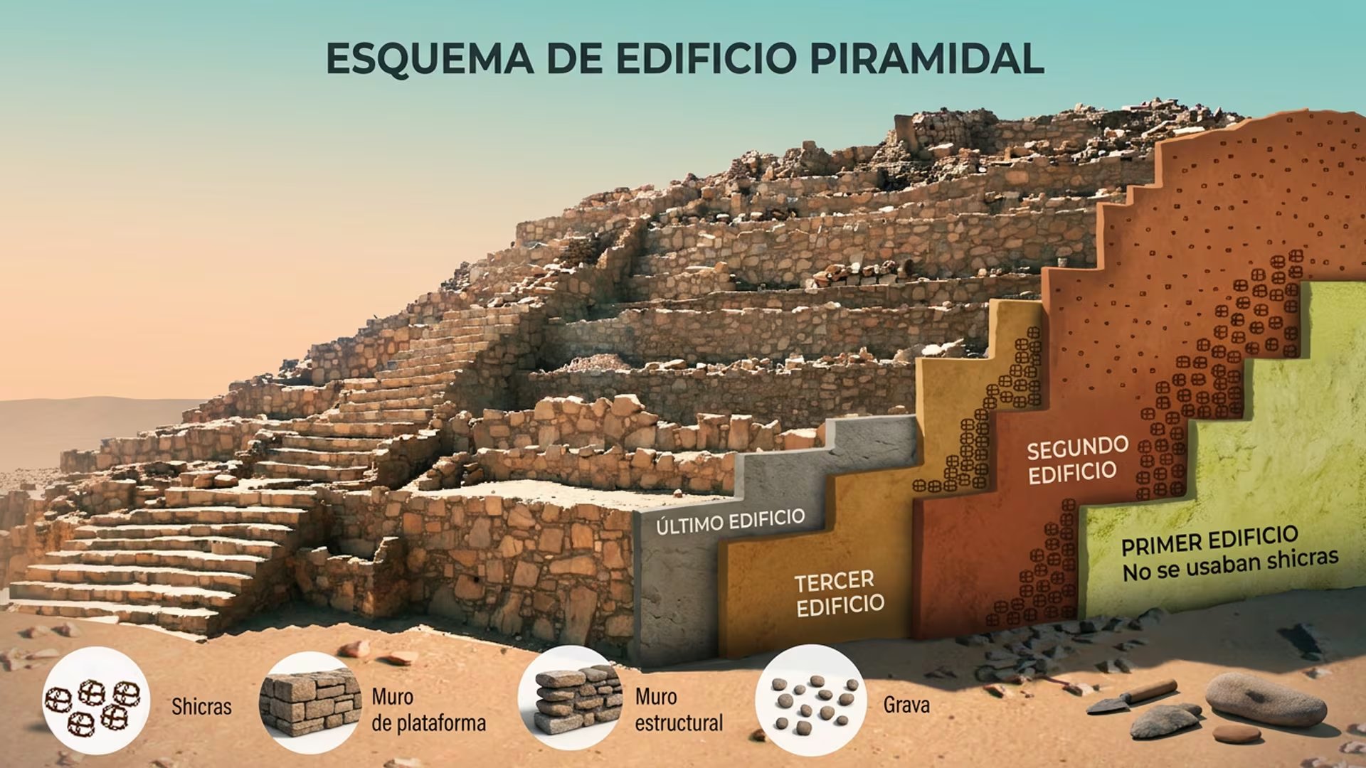 Un diagrama ilustra la evolución constructiva de las edificaciones piramidales de Caral y la incorporación de shicras como tecnología sismorresistente ancestral. (Foto: Zona Arqueológica Caral)
