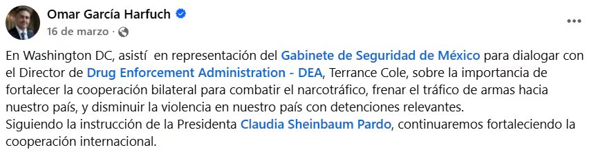 Mensaje de Harfuch en sus canales oficiales tras la reunión de marzo de 2026. Crédito: Facebook - Omar García Harfuch