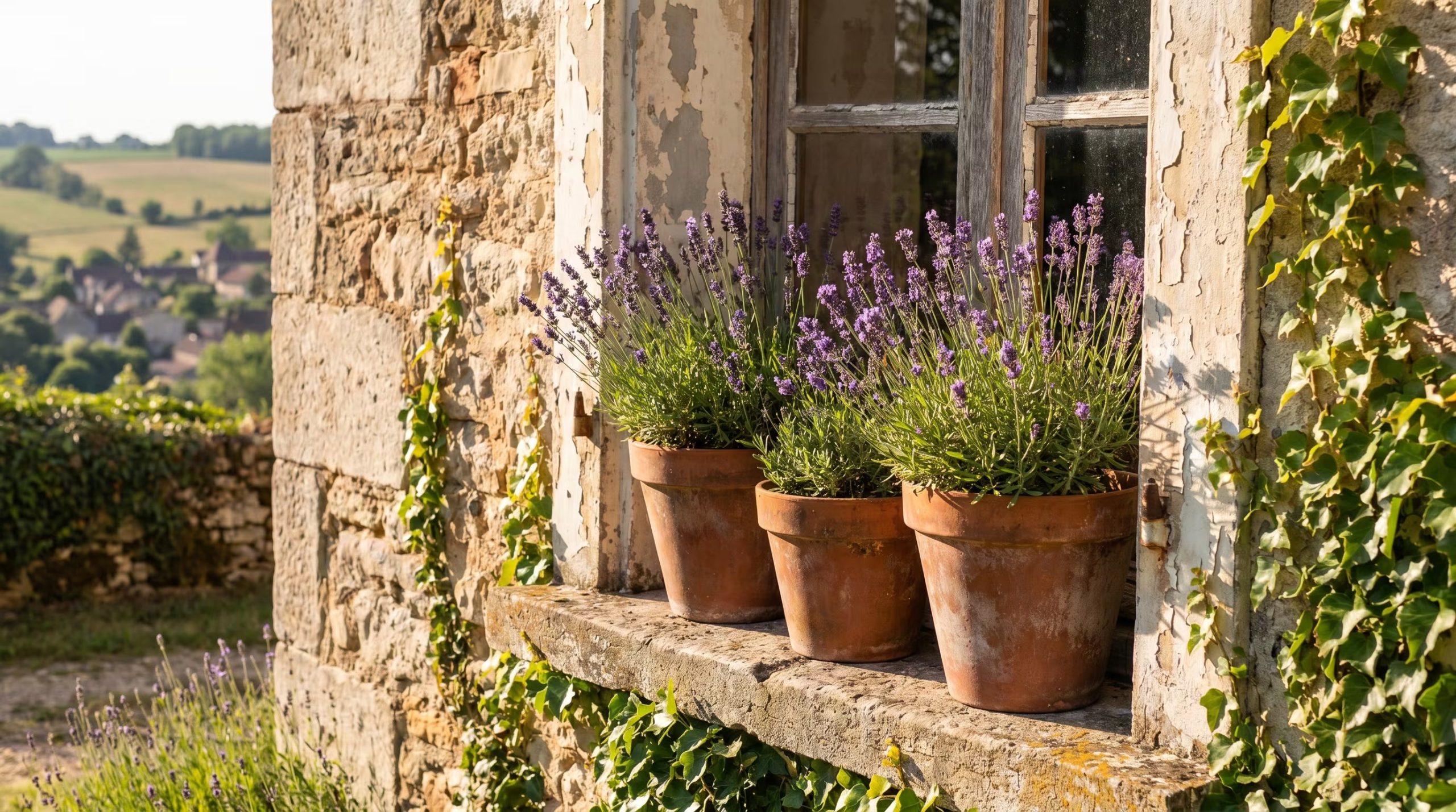 Tres macetas de lavanda florecidas adornan el alféizar de una ventana rústica en un edificio de piedra. (Imagen Ilustrativa Infobae)