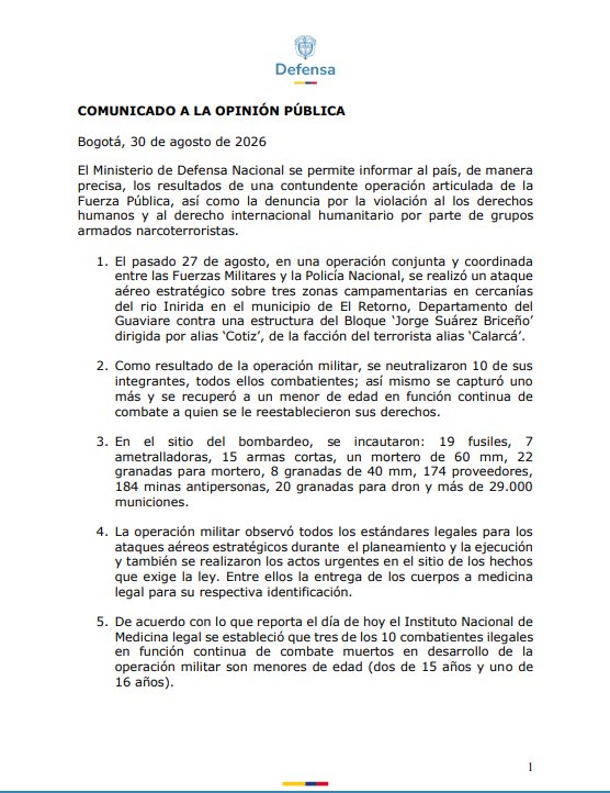 El Ministerio de Defensa señaló que el reclutamiento y la utilización de menores por parte de grupos armados constituyen una violación al Derecho Internacional Humanitario (DIH) y son considerados crímenes de guerra - crédito Ministerio de Defensa
