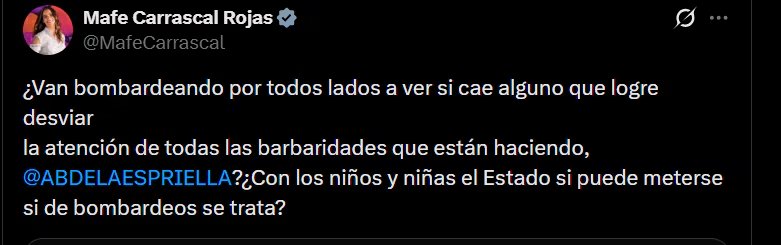 Mafe Carrascal cuestionó al Gobierno de Abelardo de la Espriella por muerte de tres menores edad - crédito @MafeCarrascal/X