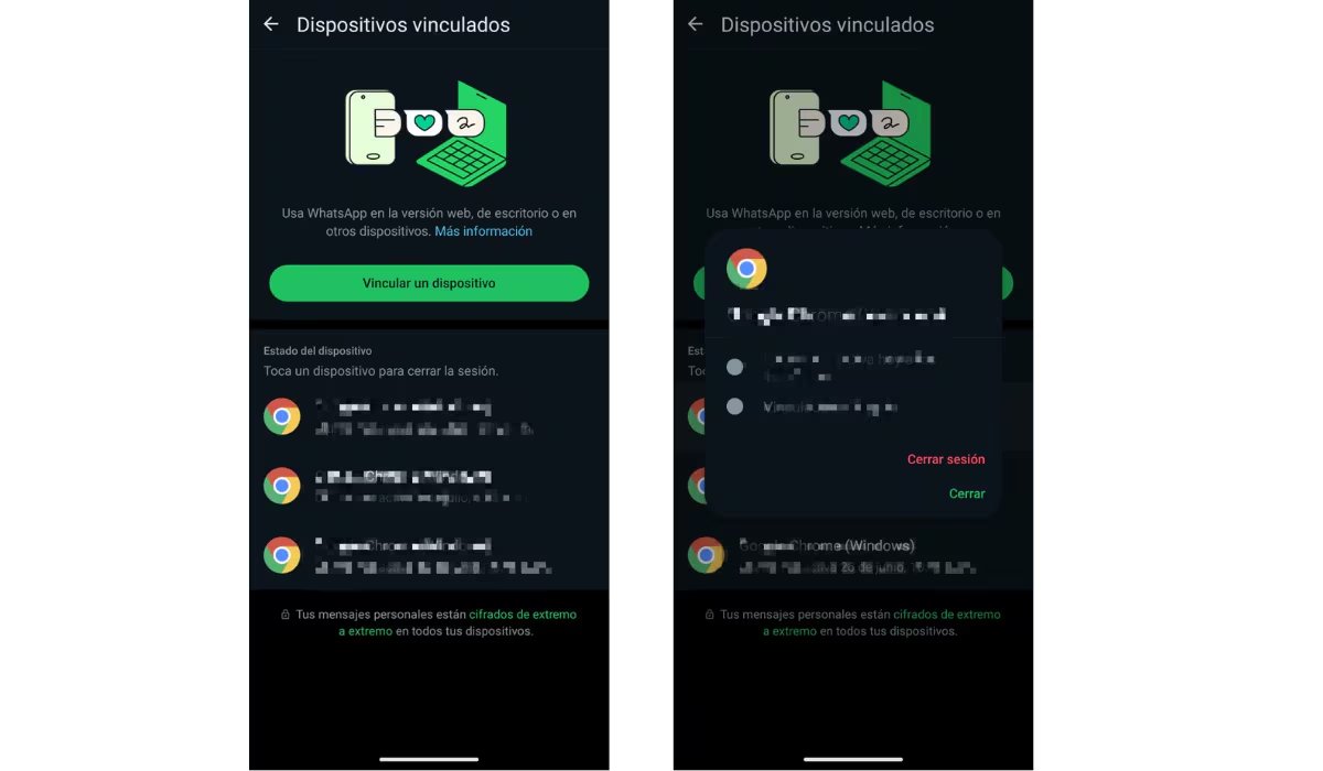 La función muestra todos los aparatos que han accedido a la cuenta y permite identificar rápidamente cualquier dispositivo desconocido. (WhatsApp)